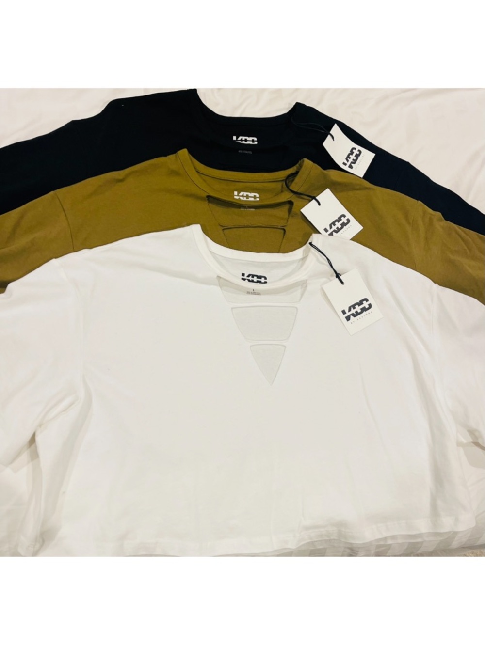 NWT KBB by Kahlana  L The Cutout Tee White Olive Green Black sold as set of 3